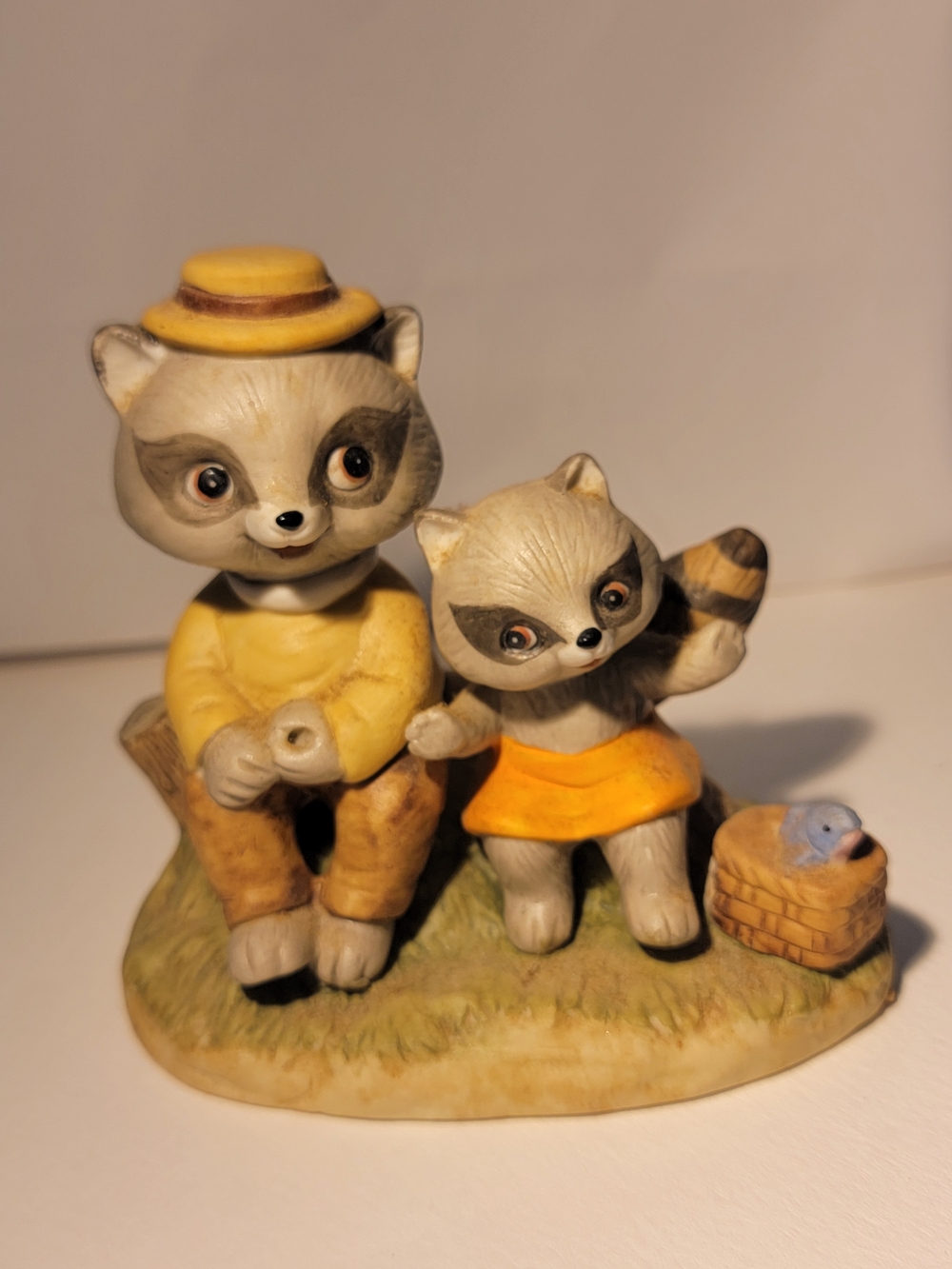 Whimsical Vintage Yellow & Gray Raccoon Figurine Set Enesco 1979- Home Accent